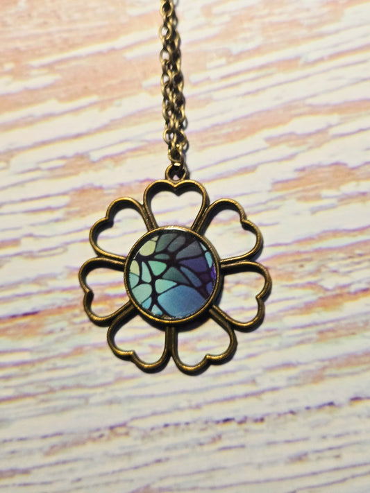 Mosaic Flower Necklace: Handmade Blue Green Glass Pendant