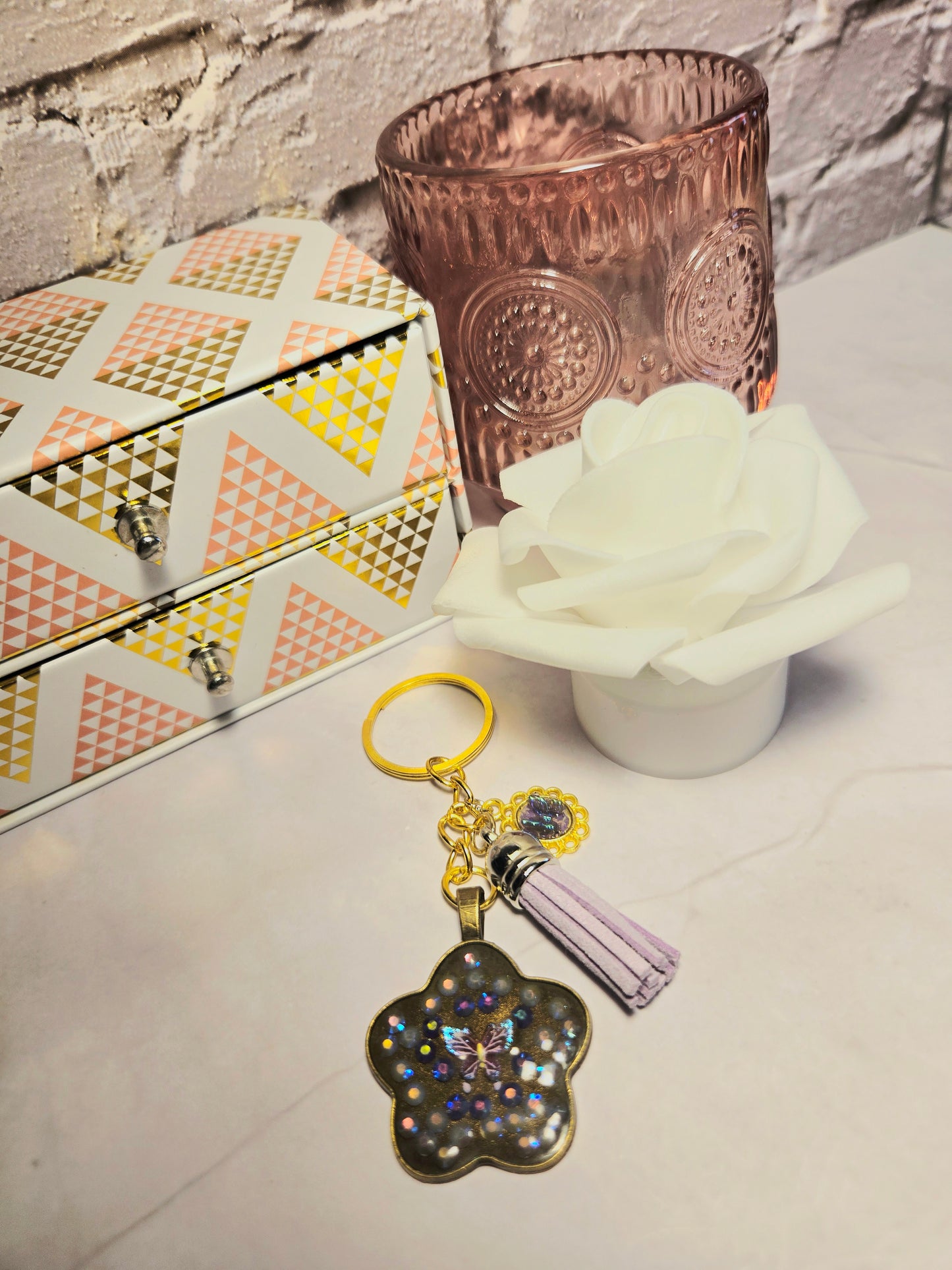 Purple Butterfly Keychain with Tassel – Handmade Resin Flower Charm with Sparkle Confetti – Cute Bag Charm Gift for Her