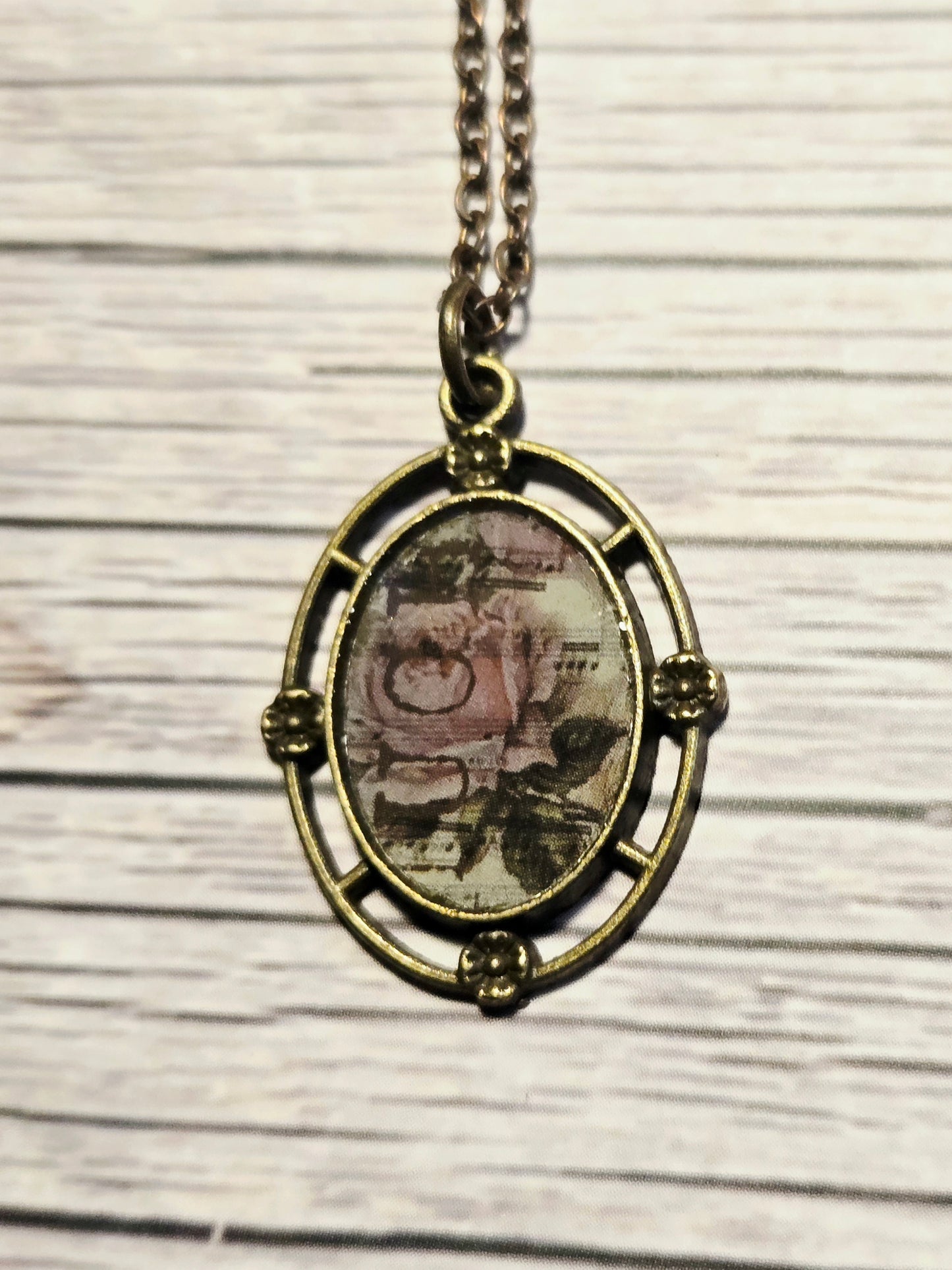 Vintage Rose Music Pendant Necklace: Antique Brass