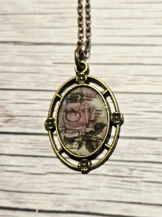 Vintage Rose Music Pendant Necklace: Antique Brass