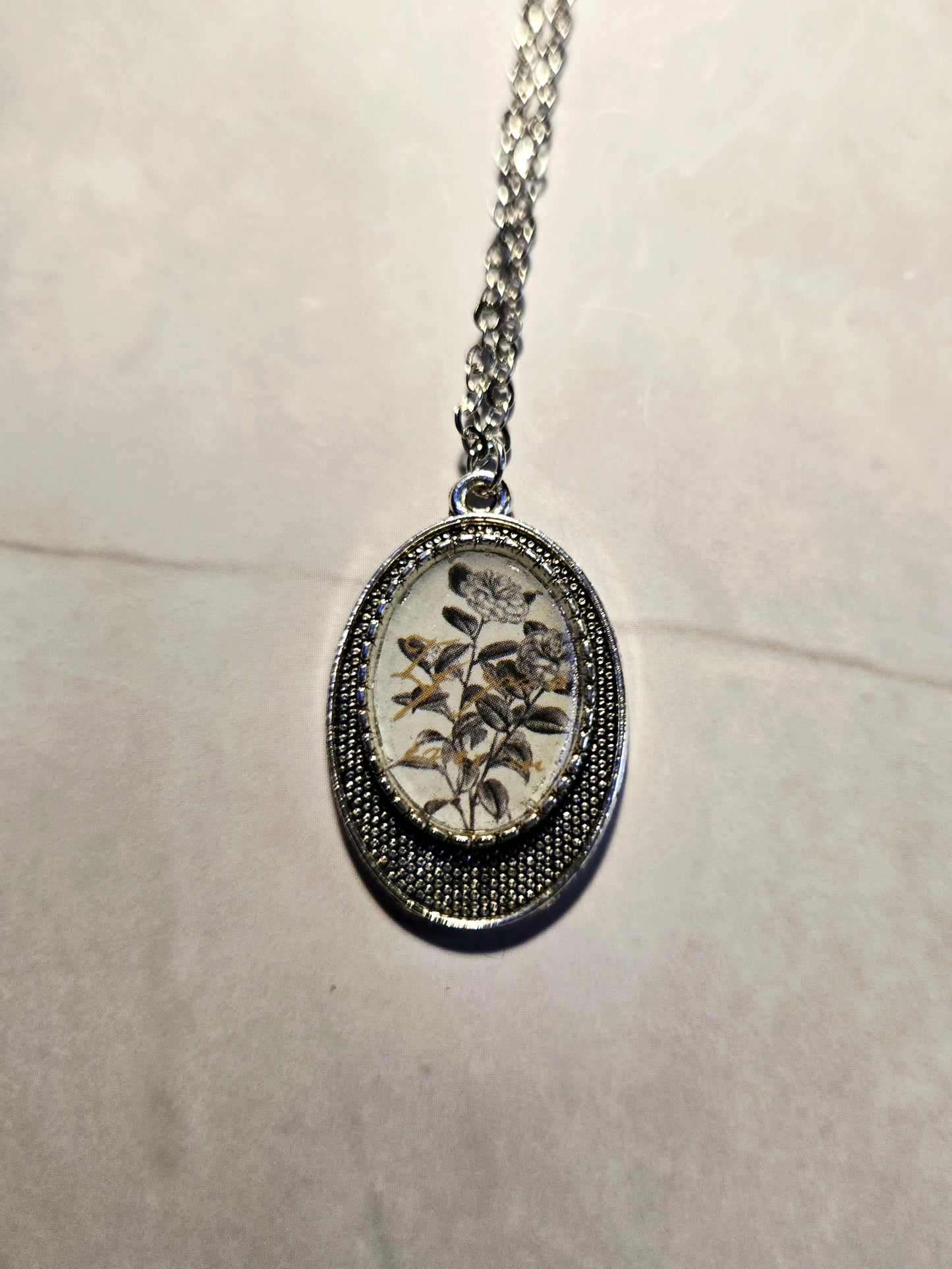 Vintage Black and White Floral Cameo Necklace – Handmade Oval Pendant