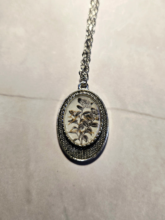 Vintage Black and White Floral Cameo Necklace – Handmade Oval Pendant