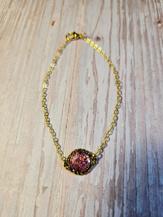 Vintage Style Pink Glitter Bracelet | Adjustable Gold Chain Bracelet