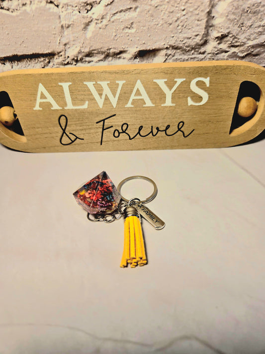 Handmade Resin Diamond Keychain with Family Charm & Yellow Tassel