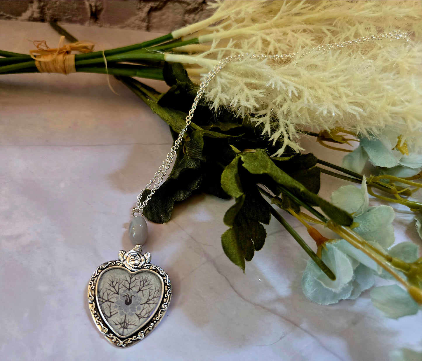 Heart Pendant Necklace – Silver Frame with Tree & Floral Design