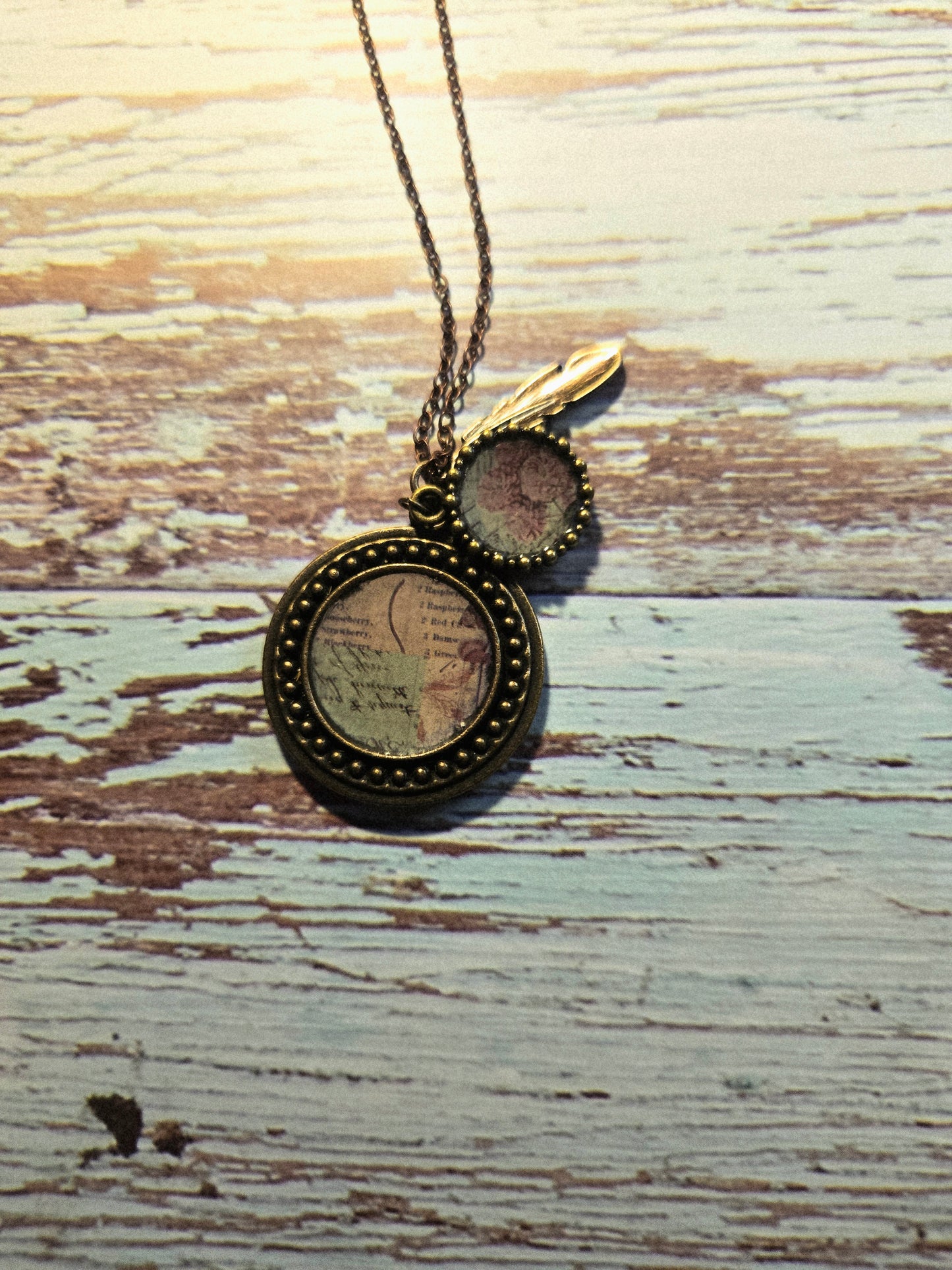 Vintage Floral Pendant Necklace: Pink Flower Illustration, Feather Charm